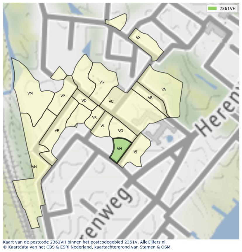 Afbeelding van het postcodegebied 2361 VH op de kaart.