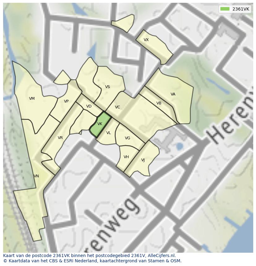 Afbeelding van het postcodegebied 2361 VK op de kaart.