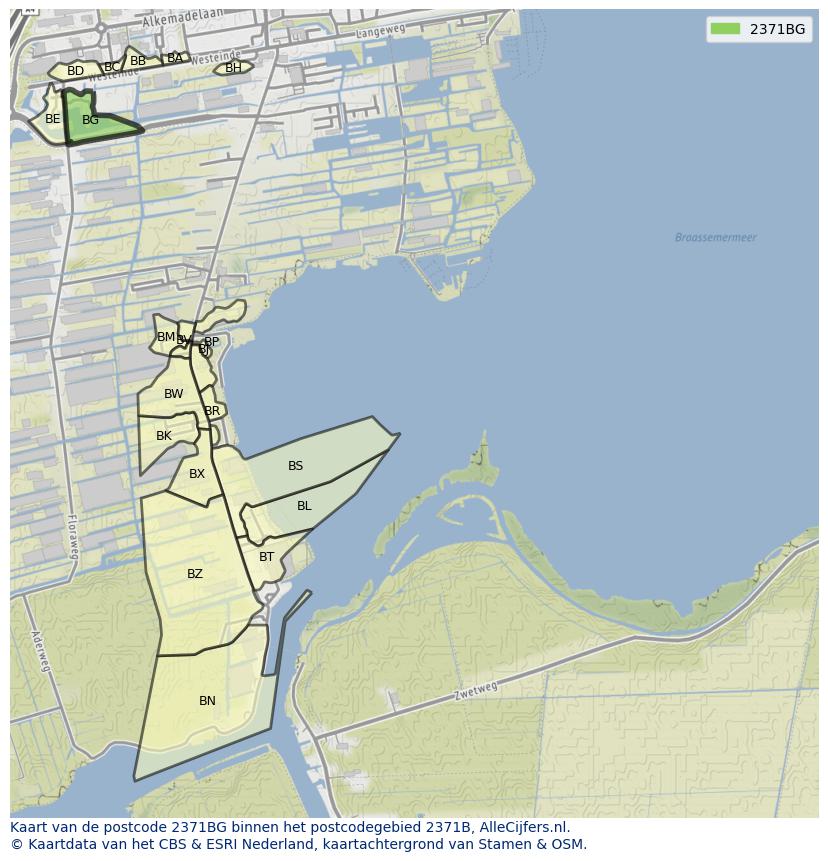 Afbeelding van het postcodegebied 2371 BG op de kaart.
