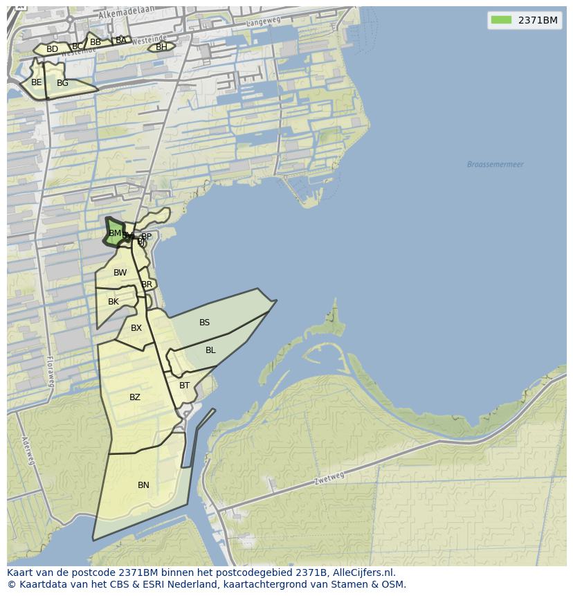 Afbeelding van het postcodegebied 2371 BM op de kaart.