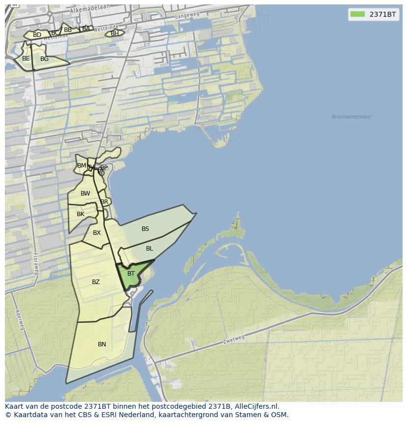 Afbeelding van het postcodegebied 2371 BT op de kaart.