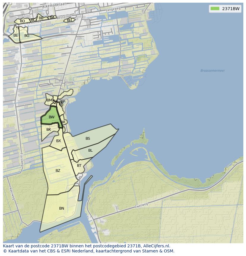 Afbeelding van het postcodegebied 2371 BW op de kaart.