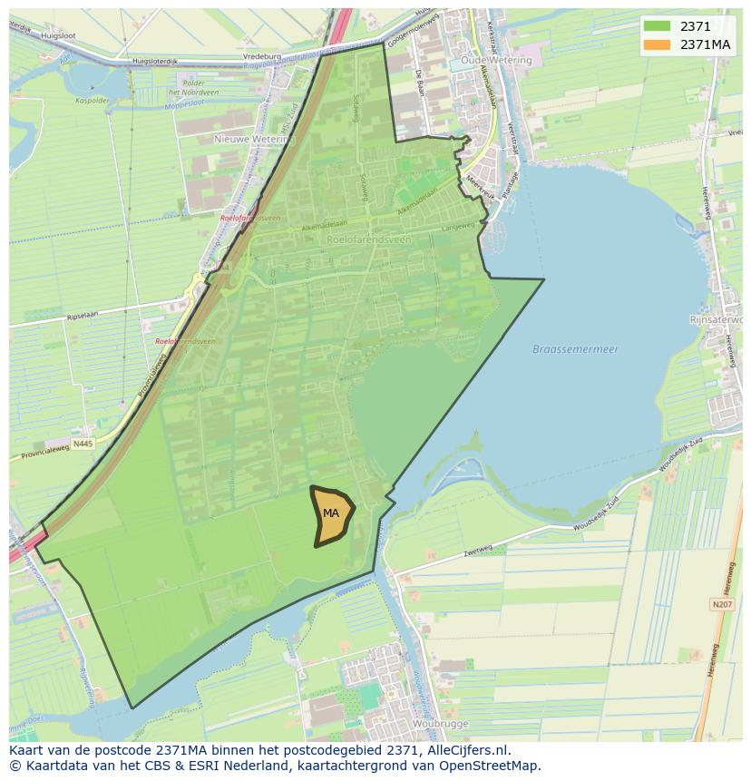 Afbeelding van het postcodegebied 2371 MA op de kaart.