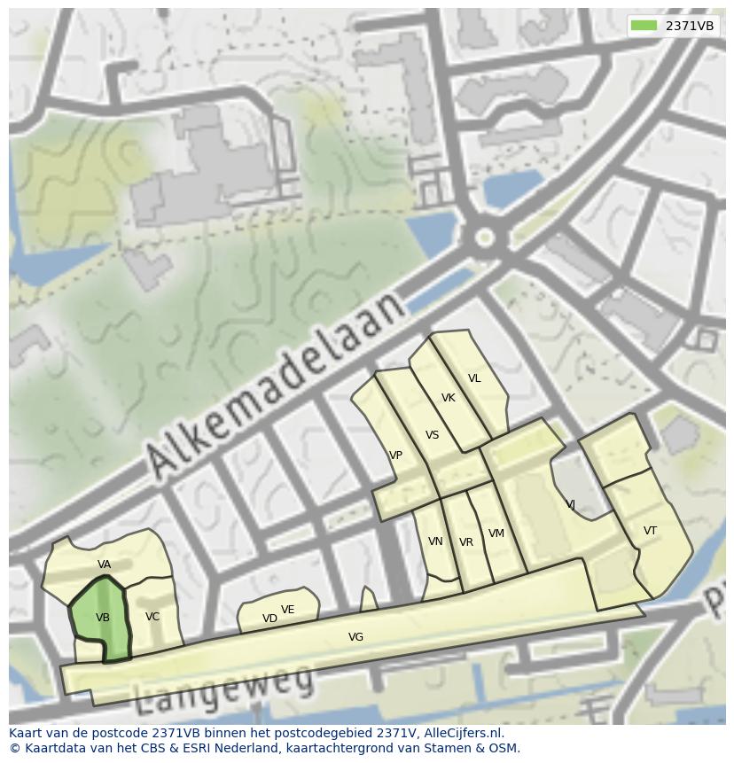Afbeelding van het postcodegebied 2371 VB op de kaart.