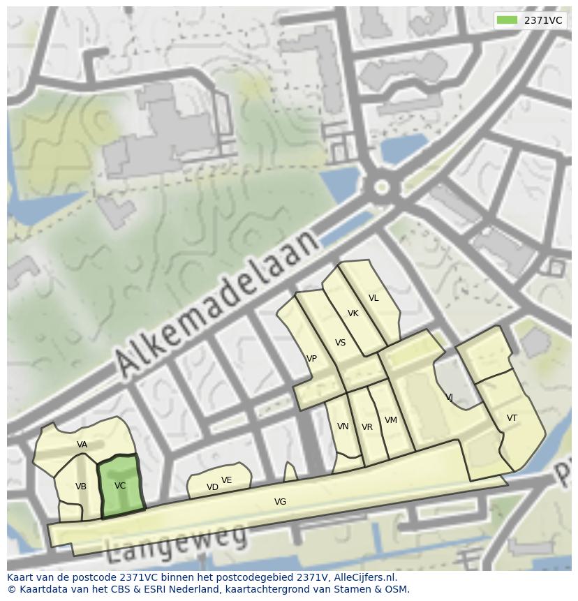Afbeelding van het postcodegebied 2371 VC op de kaart.