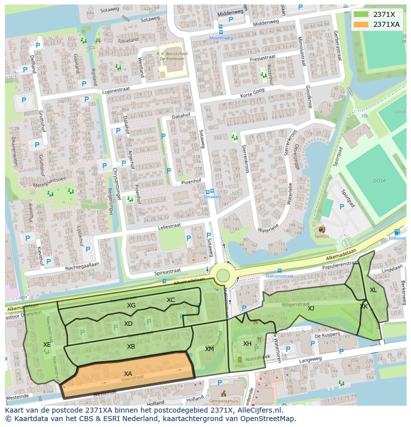Afbeelding van het postcodegebied 2371 XA op de kaart.