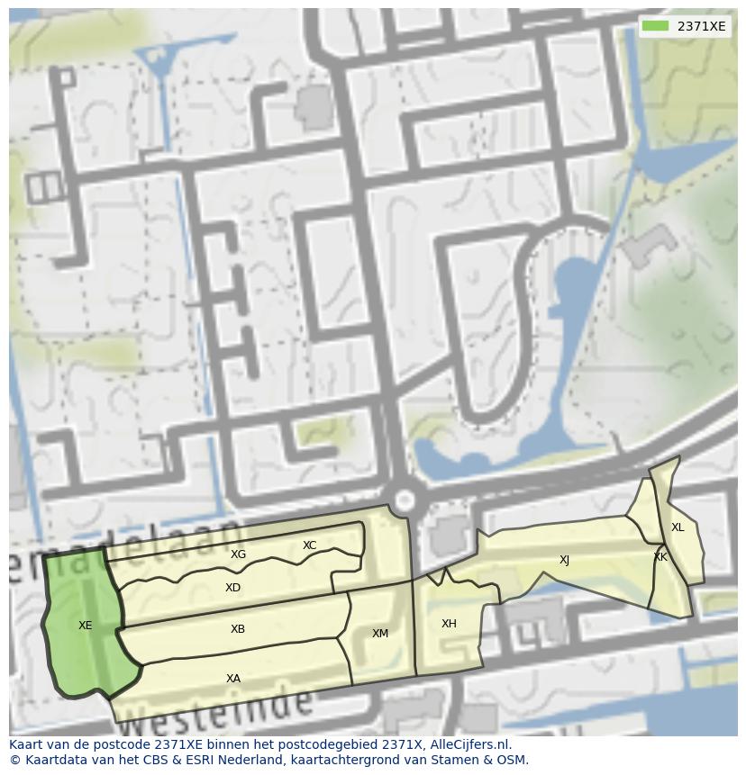 Afbeelding van het postcodegebied 2371 XE op de kaart.