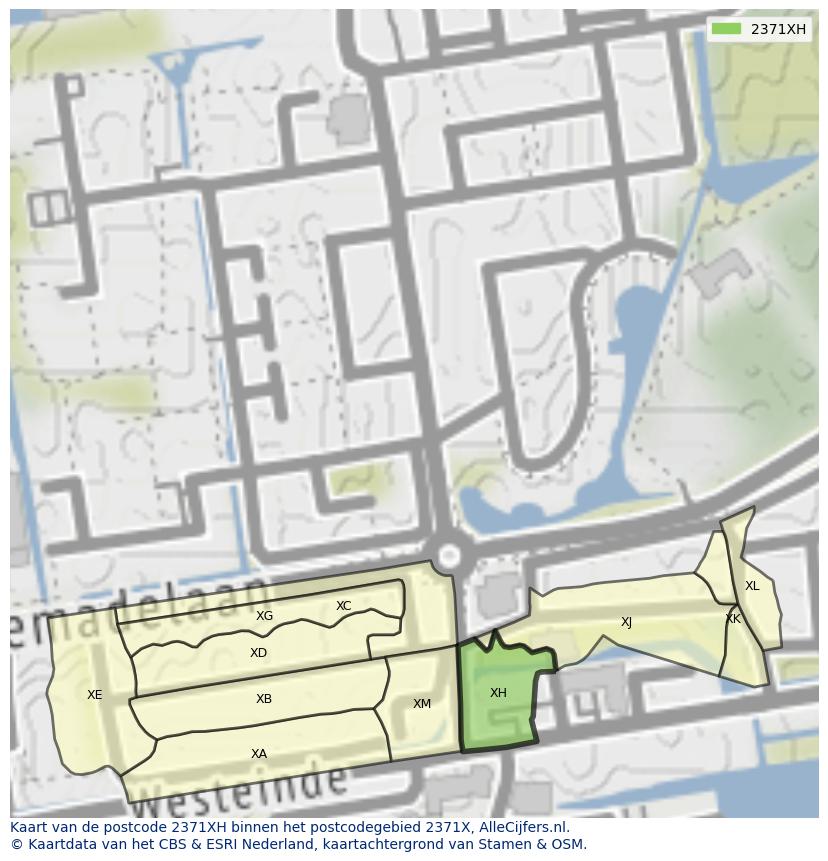 Afbeelding van het postcodegebied 2371 XH op de kaart.
