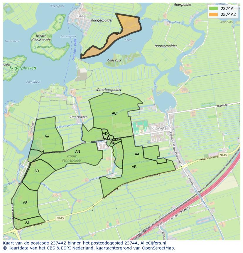 Afbeelding van het postcodegebied 2374 AZ op de kaart.