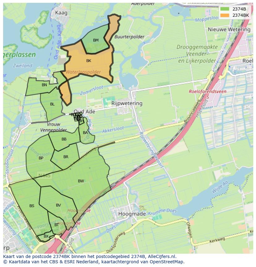 Afbeelding van het postcodegebied 2374 BK op de kaart.