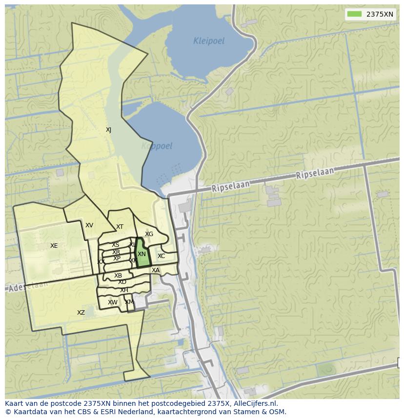 Afbeelding van het postcodegebied 2375 XN op de kaart.