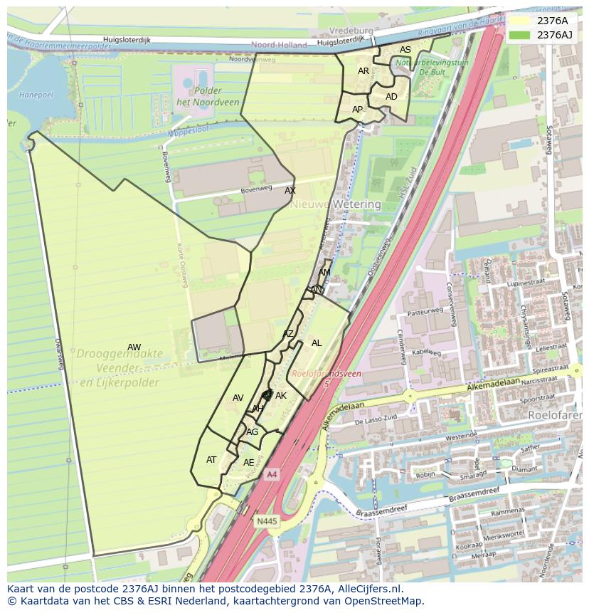 Afbeelding van het postcodegebied 2376 AJ op de kaart.