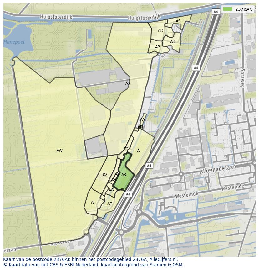 Afbeelding van het postcodegebied 2376 AK op de kaart.