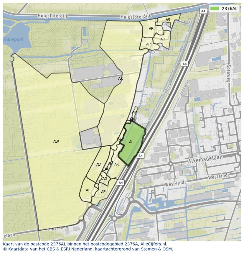 Afbeelding van het postcodegebied 2376 AL op de kaart.