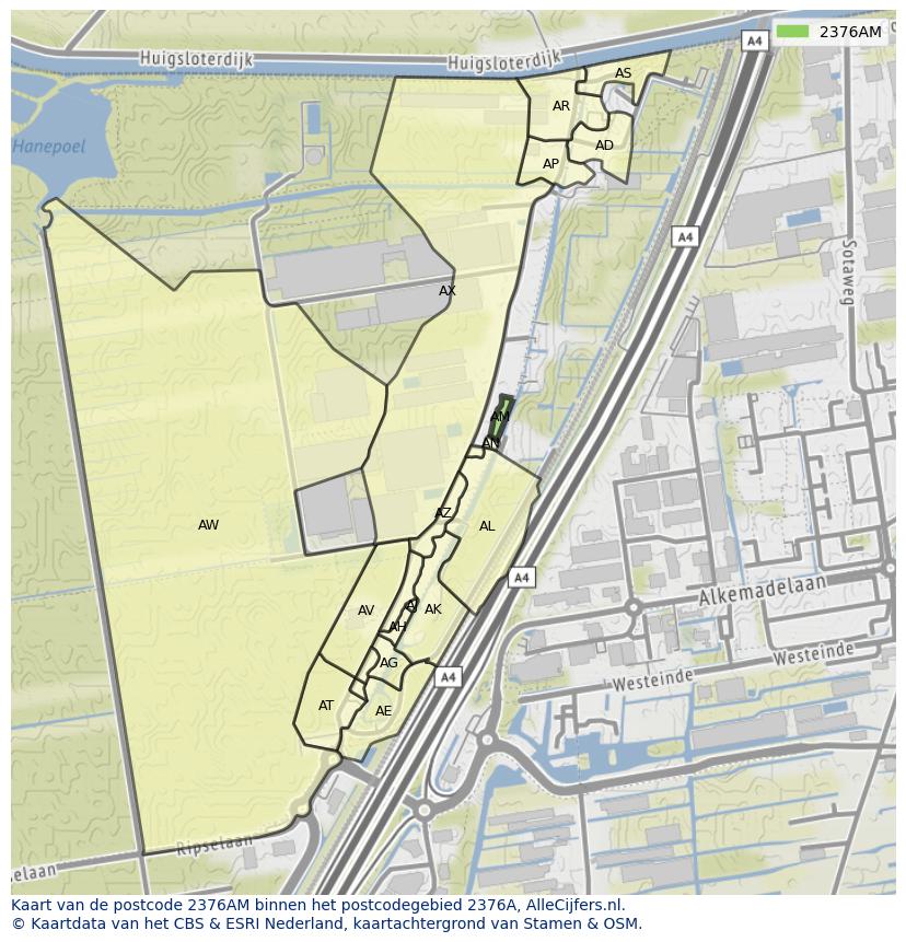 Afbeelding van het postcodegebied 2376 AM op de kaart.
