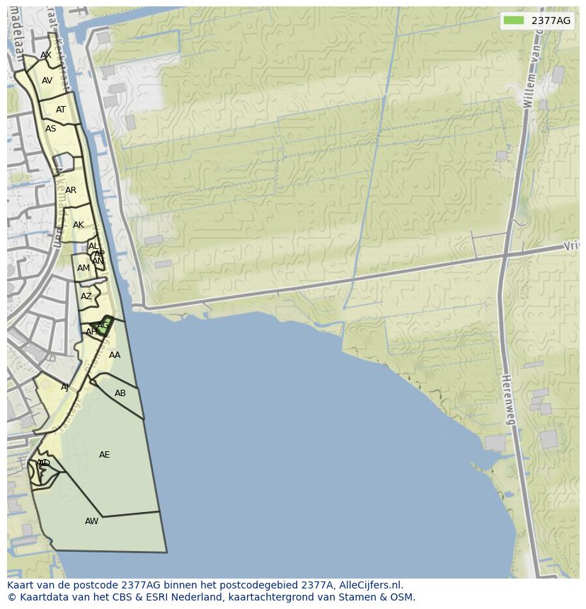 Afbeelding van het postcodegebied 2377 AG op de kaart.