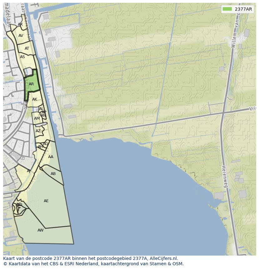 Afbeelding van het postcodegebied 2377 AR op de kaart.
