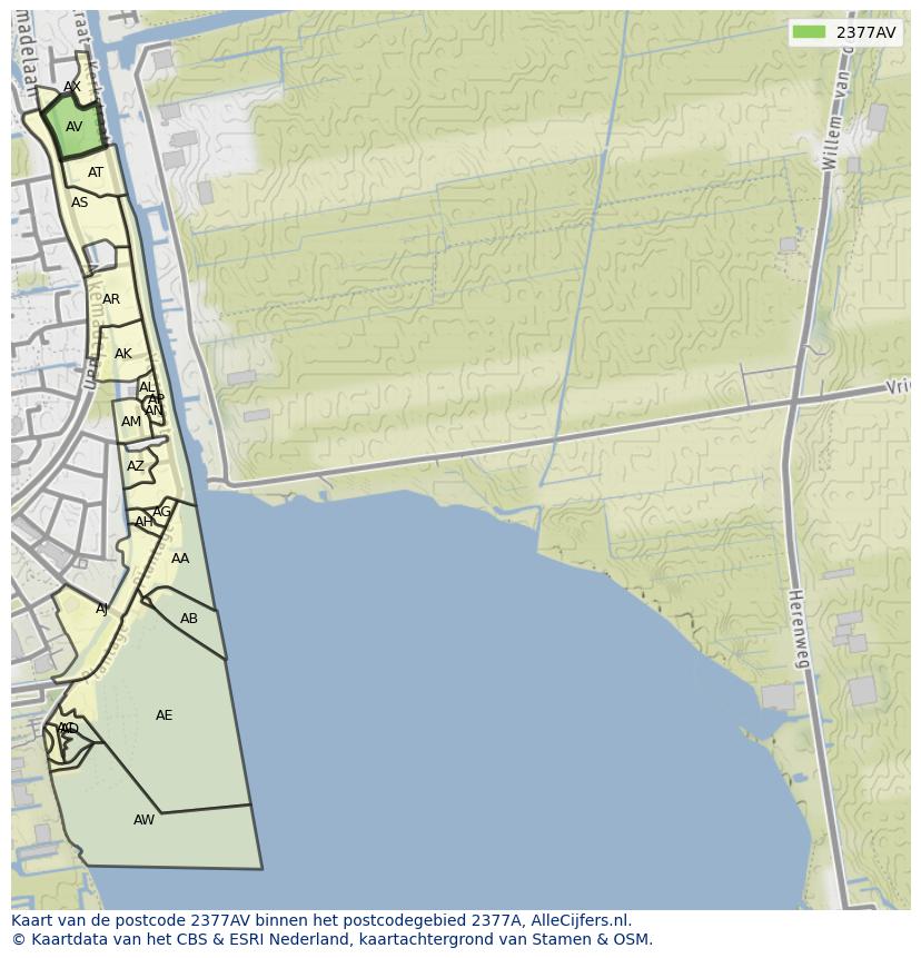 Afbeelding van het postcodegebied 2377 AV op de kaart.