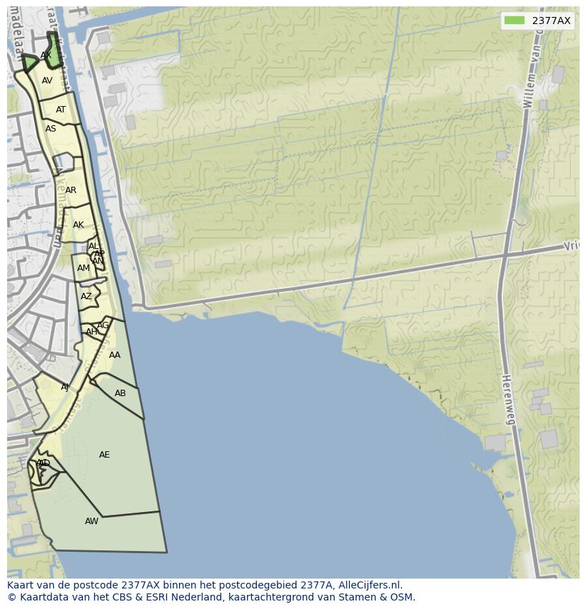 Afbeelding van het postcodegebied 2377 AX op de kaart.