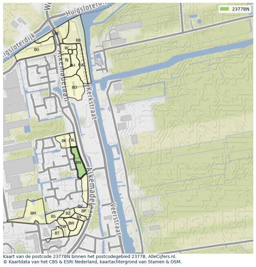 Afbeelding van het postcodegebied 2377 BN op de kaart.