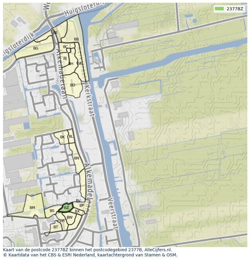 Afbeelding van het postcodegebied 2377 BZ op de kaart.