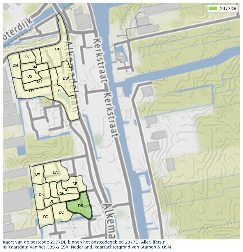 Afbeelding van het postcodegebied 2377 DB op de kaart.