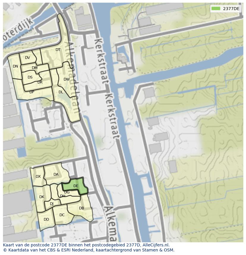 Afbeelding van het postcodegebied 2377 DE op de kaart.