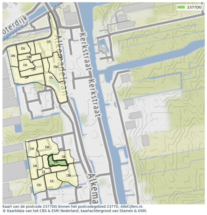 Afbeelding van het postcodegebied 2377 DG op de kaart.