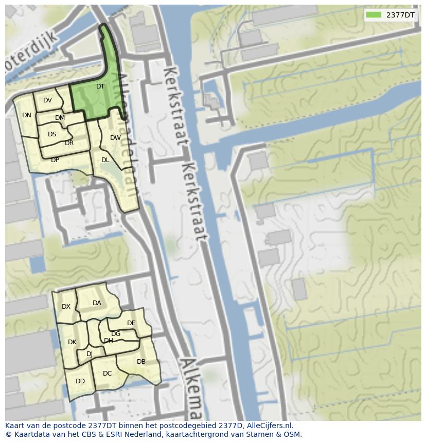 Afbeelding van het postcodegebied 2377 DT op de kaart.