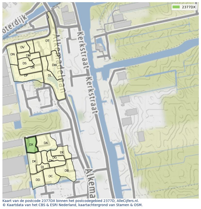 Afbeelding van het postcodegebied 2377 DX op de kaart.
