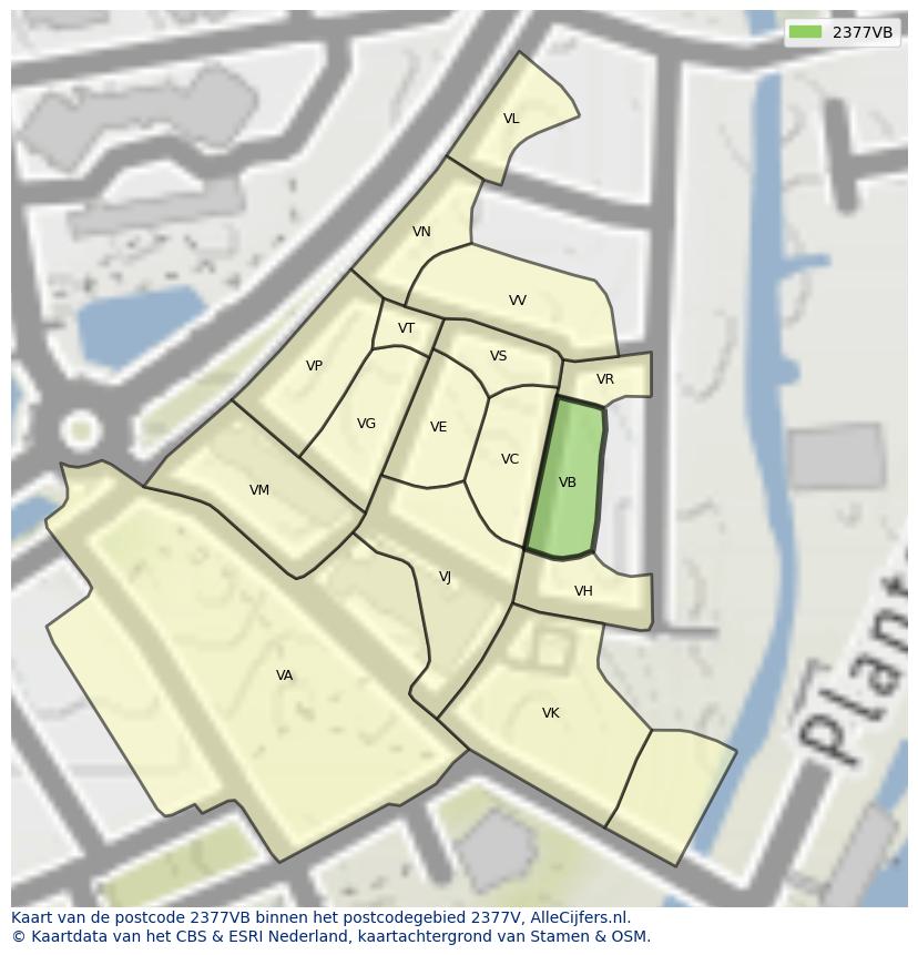 Afbeelding van het postcodegebied 2377 VB op de kaart.
