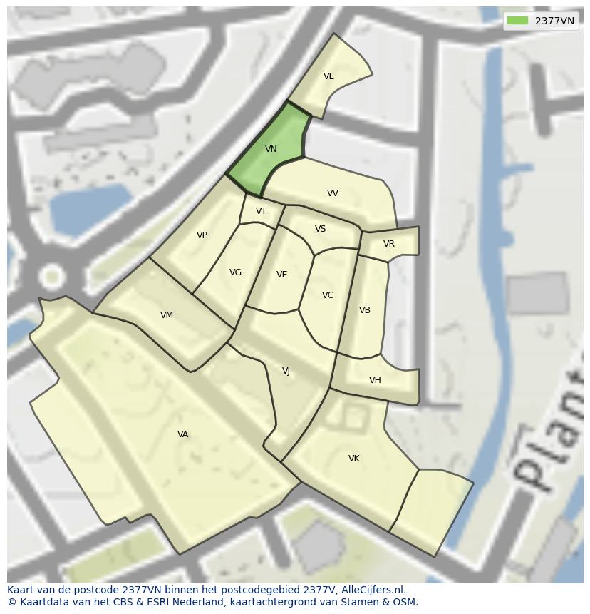 Afbeelding van het postcodegebied 2377 VN op de kaart.