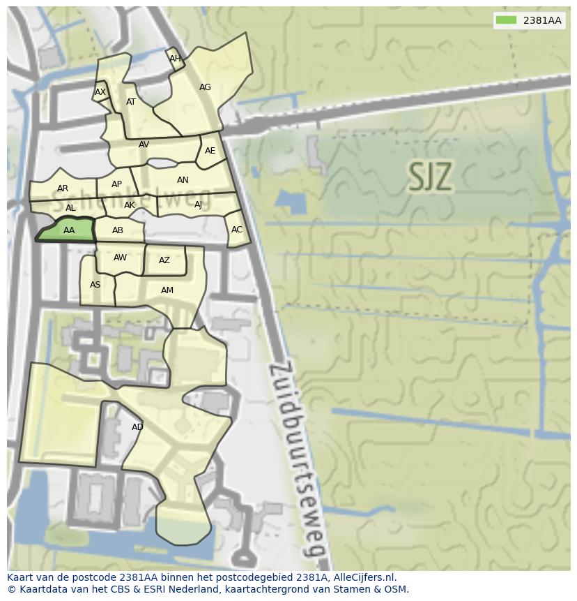 Afbeelding van het postcodegebied 2381 AA op de kaart.