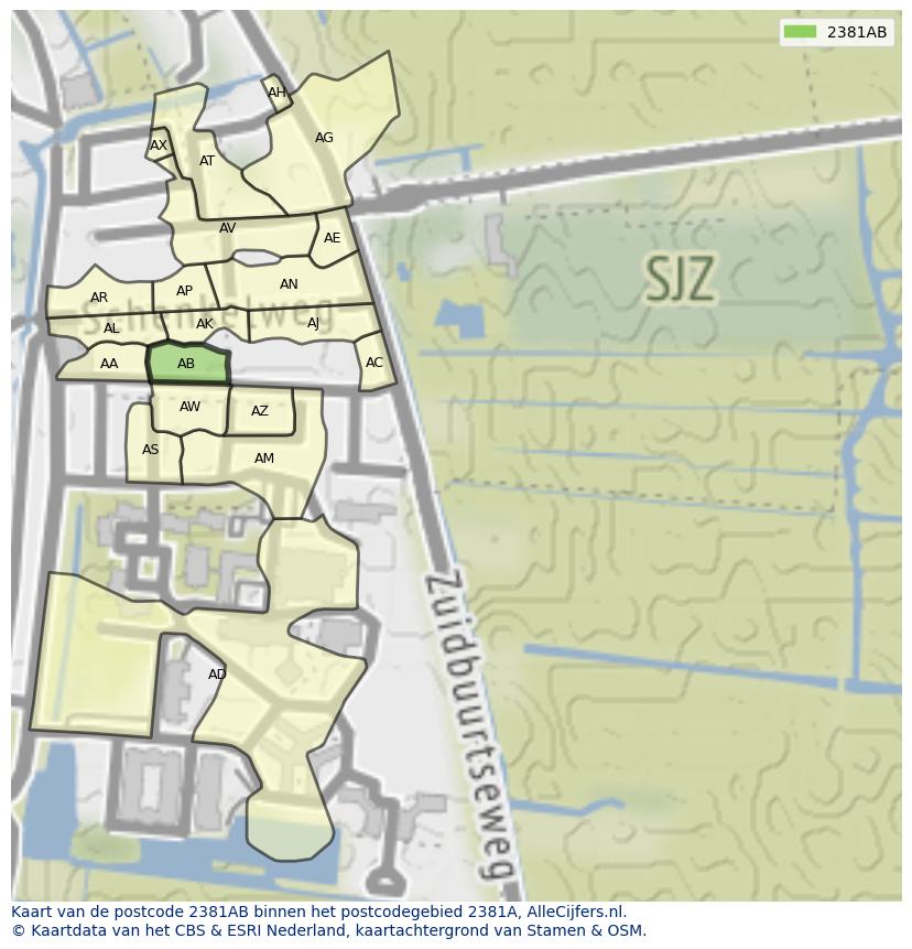 Afbeelding van het postcodegebied 2381 AB op de kaart.