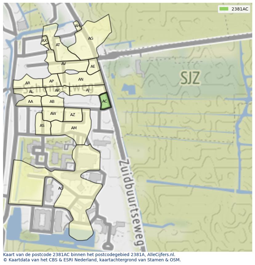 Afbeelding van het postcodegebied 2381 AC op de kaart.