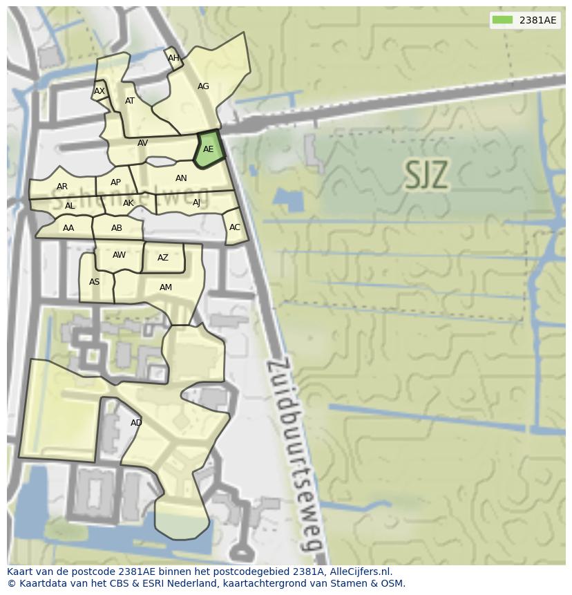 Afbeelding van het postcodegebied 2381 AE op de kaart.