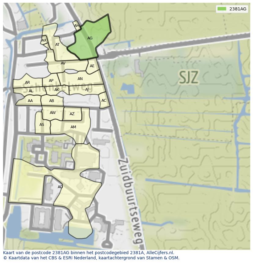 Afbeelding van het postcodegebied 2381 AG op de kaart.