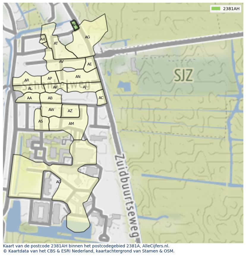 Afbeelding van het postcodegebied 2381 AH op de kaart.