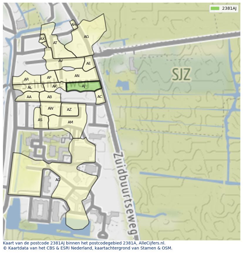 Afbeelding van het postcodegebied 2381 AJ op de kaart.