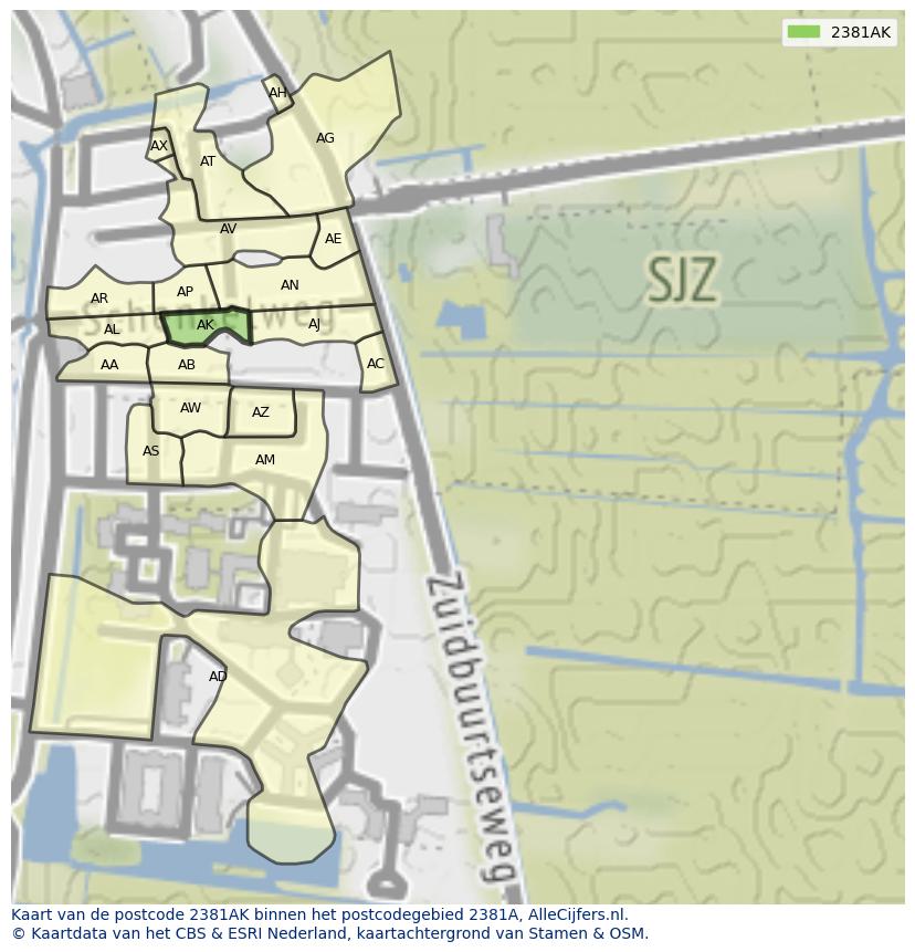 Afbeelding van het postcodegebied 2381 AK op de kaart.