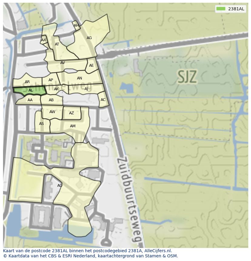 Afbeelding van het postcodegebied 2381 AL op de kaart.