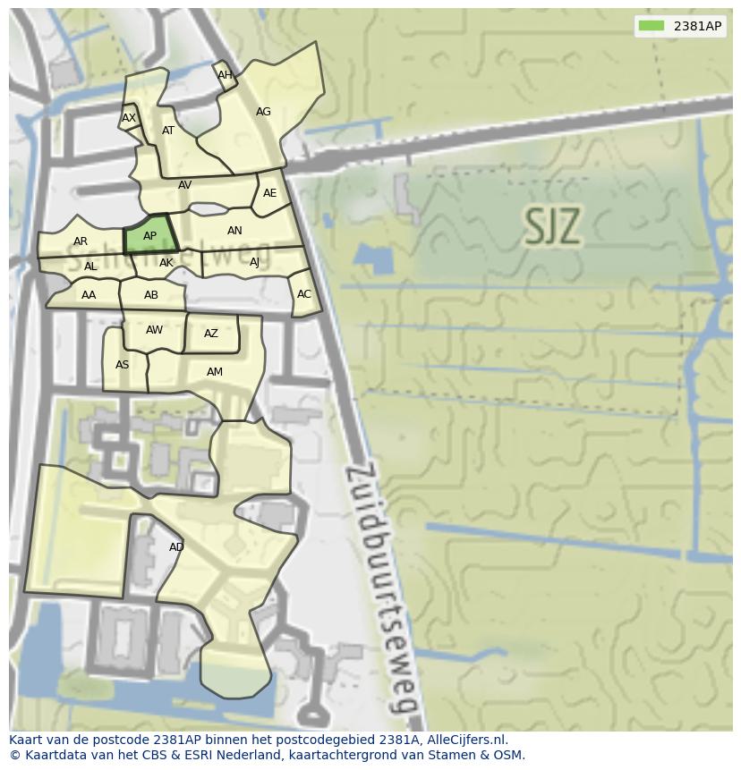 Afbeelding van het postcodegebied 2381 AP op de kaart.