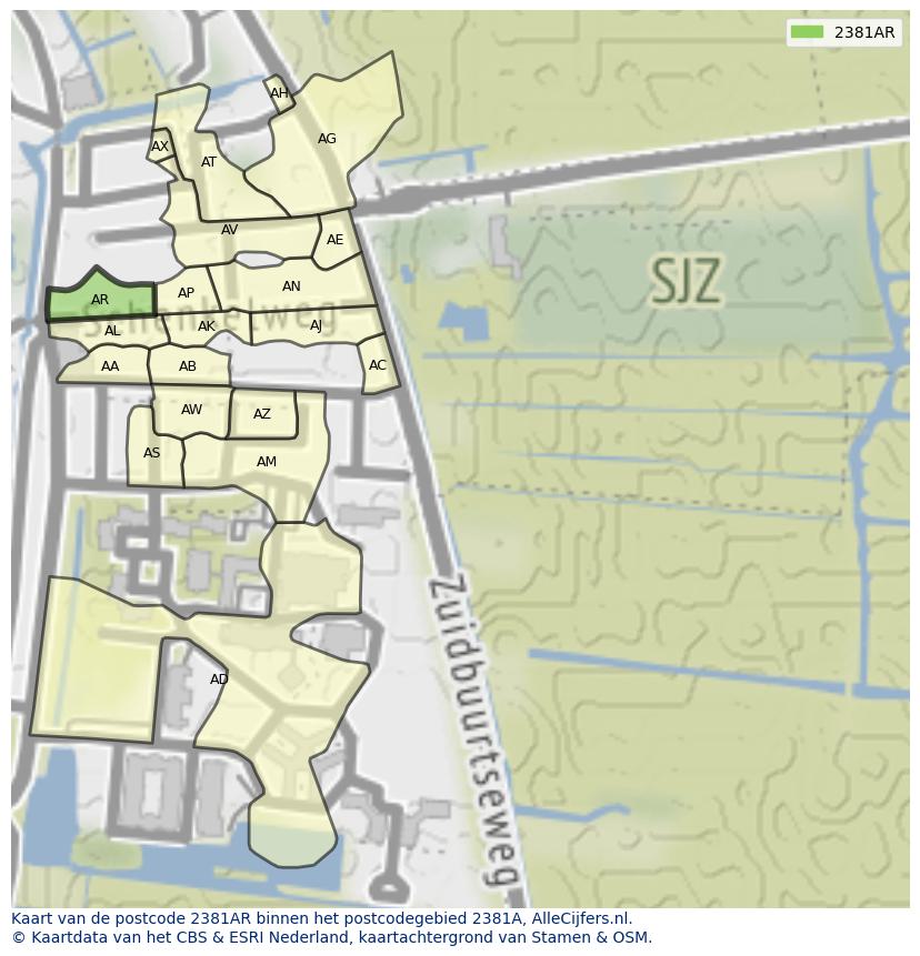 Afbeelding van het postcodegebied 2381 AR op de kaart.