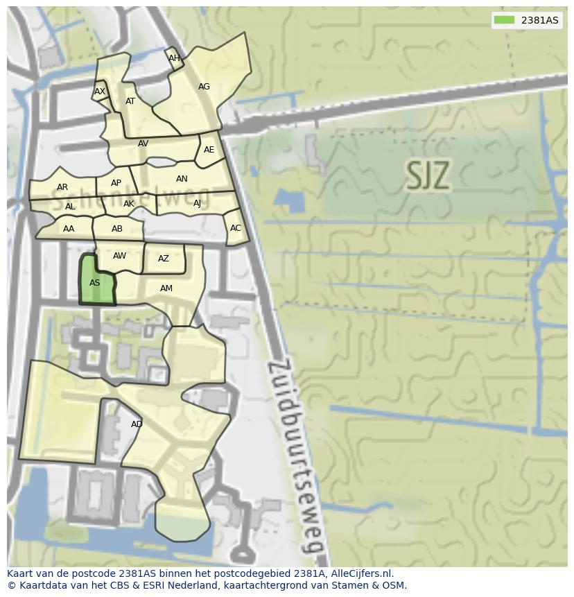Afbeelding van het postcodegebied 2381 AS op de kaart.