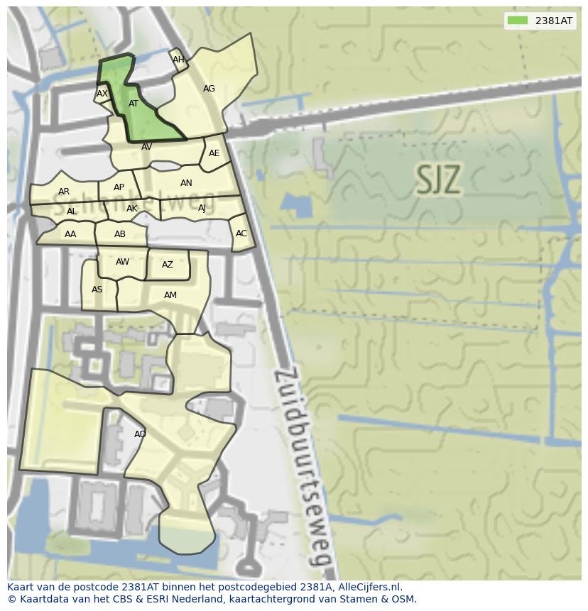 Afbeelding van het postcodegebied 2381 AT op de kaart.