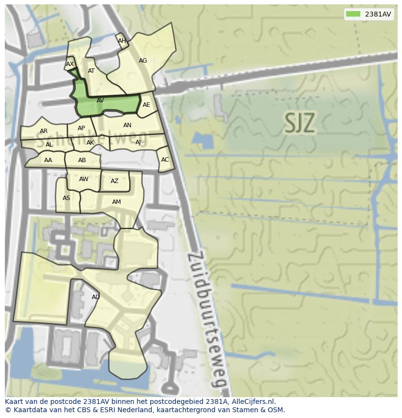 Afbeelding van het postcodegebied 2381 AV op de kaart.