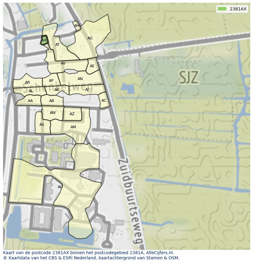 Afbeelding van het postcodegebied 2381 AX op de kaart.