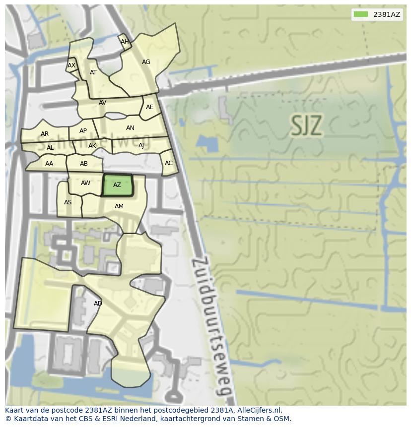 Afbeelding van het postcodegebied 2381 AZ op de kaart.