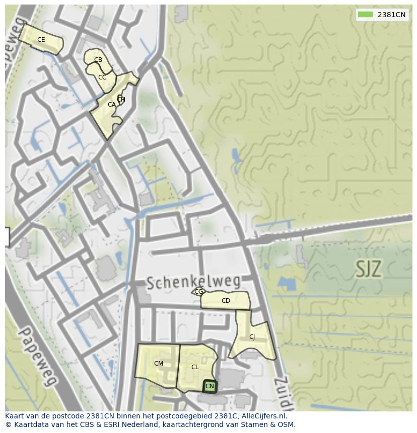 Afbeelding van het postcodegebied 2381 CN op de kaart.