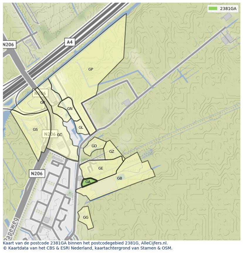 Afbeelding van het postcodegebied 2381 GA op de kaart.